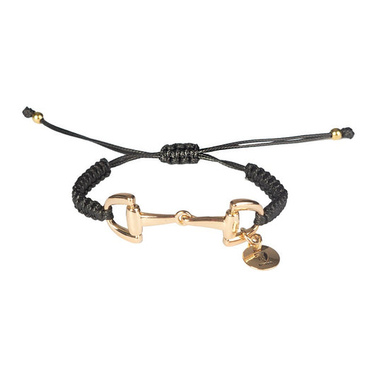 Stijlvolle zwarte gevlochten armband met goudkleurig bitje van Horka. Verstelbaar en perfect voor paardenliefhebbers. Verkrijgbaar bij Livin Horse Shop!