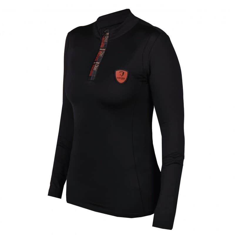 Horka Dames Shirt Pully Grace zwart is een ademend, lichtgewicht ruitershirt met Polygiene behandeling, korte rits en comfortabele col. Ideaal voor training en stalwerk.