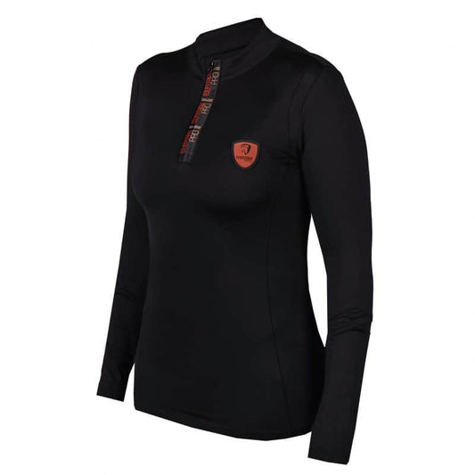 Horka Dames Shirt Pully Grace zwart is een ademend, lichtgewicht ruitershirt met Polygiene behandeling, korte rits en comfortabele col. Ideaal voor training en stalwerk.