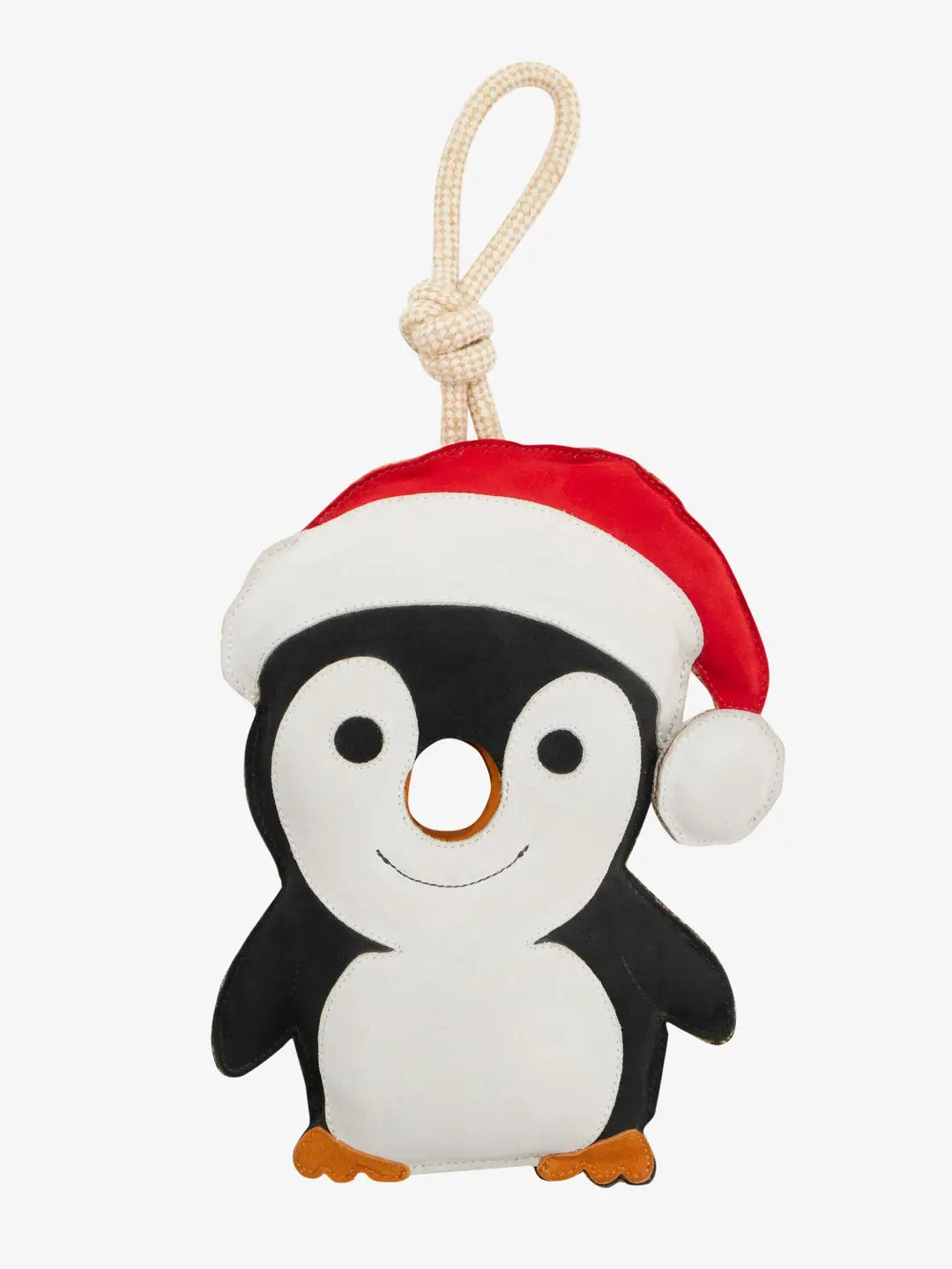 Pinguïn paardenspeelgoed met kerstmuts en neusgat voor een worteltje. Jute met natuurlijke vulling, tegen verveling op stal. Bestel bij Livin Horse Shop!