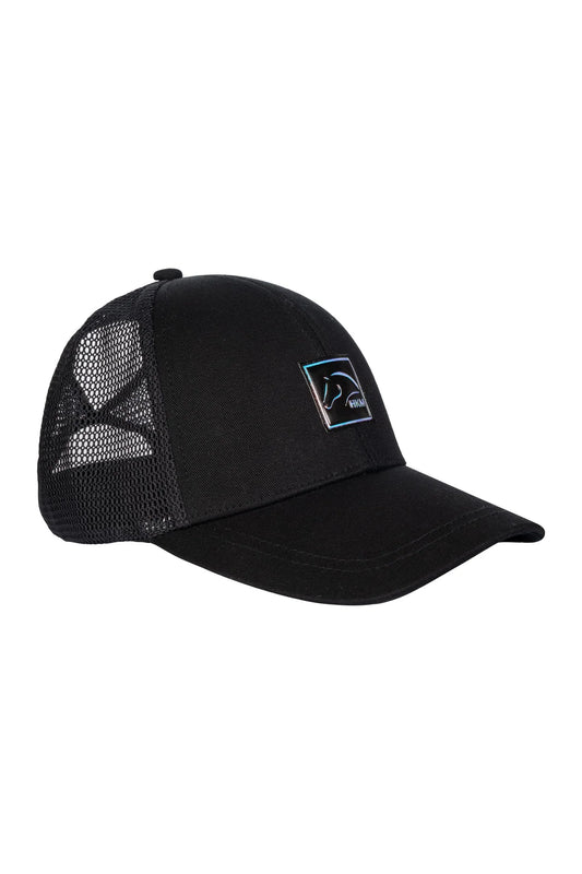 HKM Baseballpet Harbour Island Zwart. Bestel de HKM Sports Baseballpet Harbour Island Zwart bij Livin Horse Shop. Stoere ruiterpet met mesh-inzet, holografisch logo, verstelbare sluiting en uitsparing voor varkensstaart.