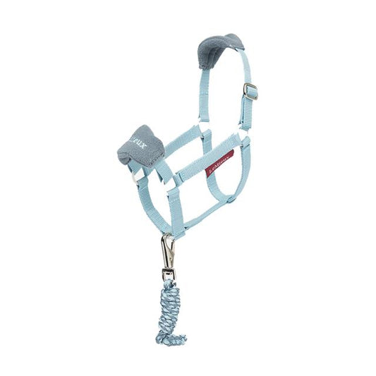 Lemieux Hobby Horse Vogue Halster Glacier – Luxe & Verstelbaar Halster met Fleece en Halstertouw. Dit Halster is verkrijgbaar bij Livin Horse Shop. Frontaanzicht Lemieux Hobby Horse Vogue Halster Glacier