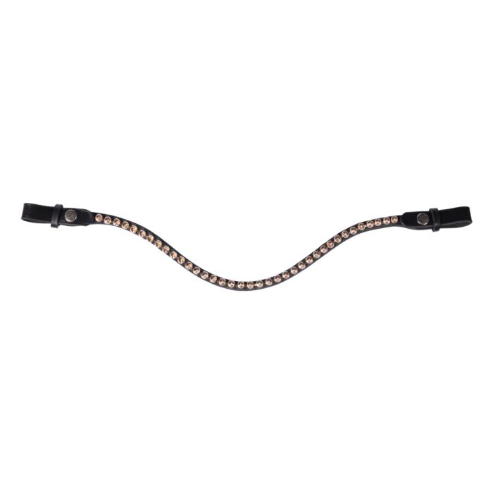 Luxe Frontriem Passion in barnsteen kleur, gemaakt van kwaliteitsleer. U-vormige frontriem met glitterstenen en handige drukknoopsluiting voor hoofdstel.