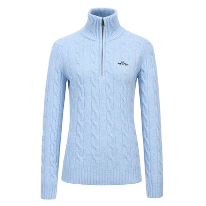 Luxe HV Polo -Dunya pullover met kabelbreisel, halve rits en hoge kraag. Elegant, warm en functioneel met lurex borduursels en slanke pasvorm.