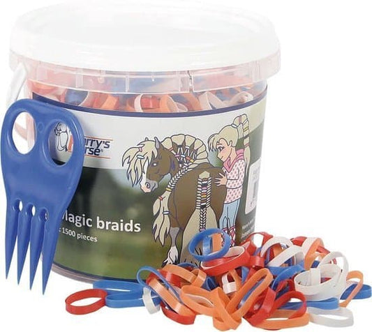 Magic Braids elastiekjes in rood-wit-blauw-oranje. Extra sterk, herbruikbaar en geleverd in handig potje met manenkam. ±1500 stuks. Te koop bij Livin Horse Shop.