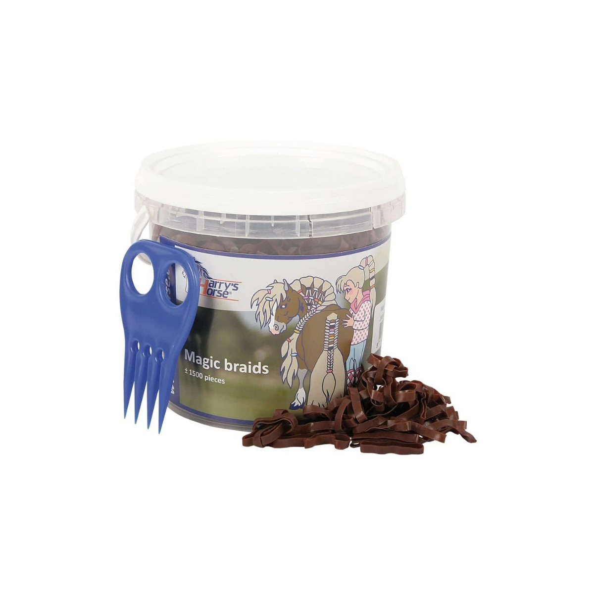 De Harry’s Horse Magic Braids pot is de ideale oplossing voor iedereen die regelmatig manen invlecht bij paarden en pony’s. Deze handige pot bevat circa 1500 elastiekjes in een mix van kleuren (zwart, wit en bruin), perfect passend bij de vacht van elk paard. De elastiekjes zijn extra sterk, flexibel en bovendien herbruikbaar, waardoor ze niet alleen praktisch zijn in gebruik, maar ook duurzaam.