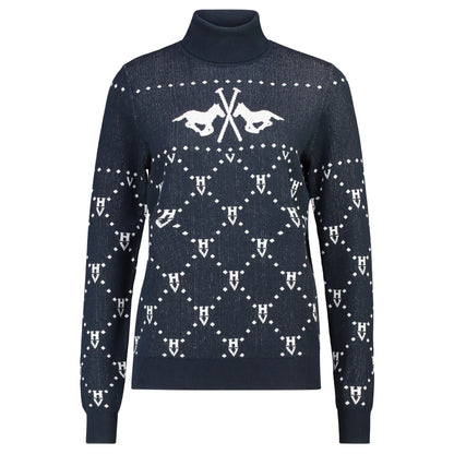 Warme coltrui HVP Cecile van HV Polo in blauw. Zachte jacquard trui met glinsterende lurex en logo. Luxe winterstijl voor ruiter en dagelijks gebruik.
