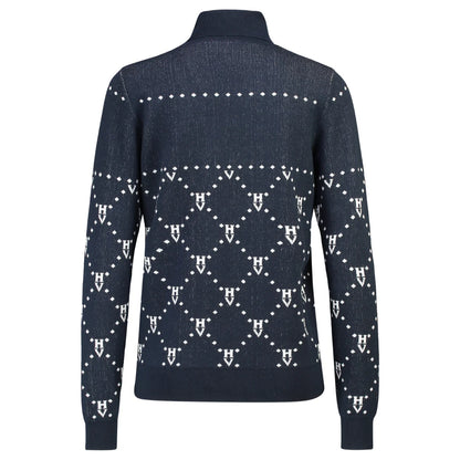 Warme coltrui HVP Cecile van HV Polo in blauw. Zachte jacquard trui met glinsterende lurex en logo. Luxe winterstijl voor ruiter en dagelijks gebruik.