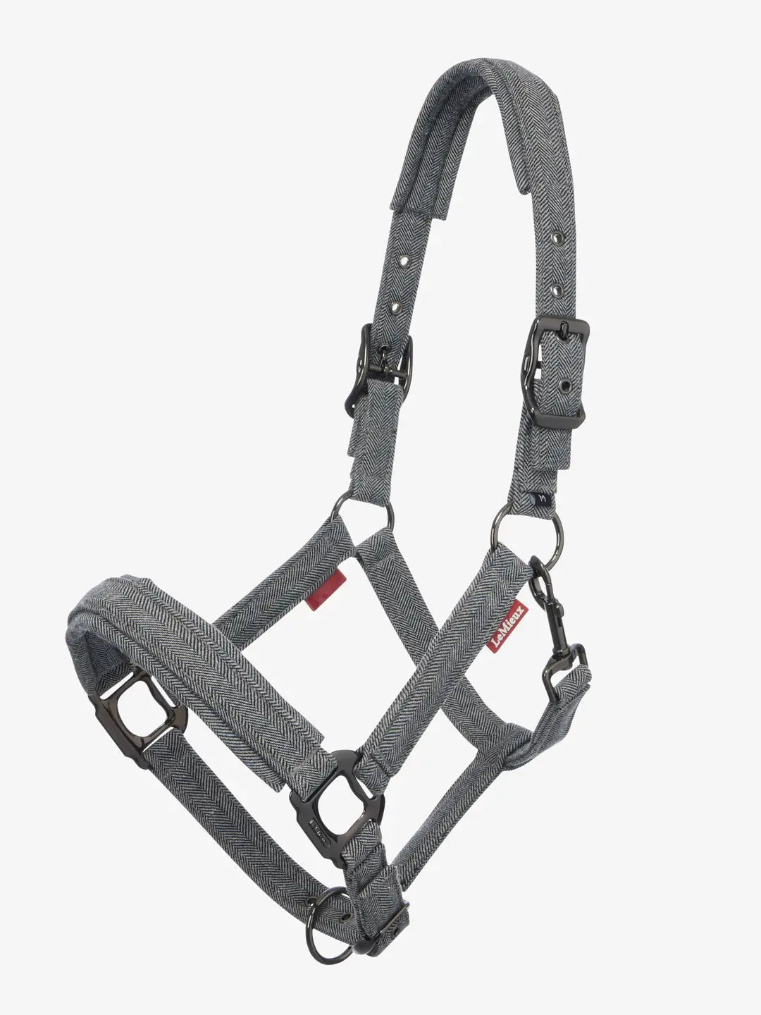 Lemieux Aspen halster met luxe visgraatmotief: sterk nylon, geborstelde metalen details, verstelbaar en met snelklik-sluiting. Bestel bij Livin Horse Shop!