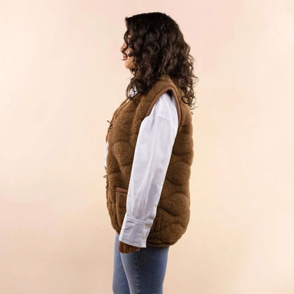 Moonrise Wollen Dames Vest 3D Print – Luxe 100% Merino Wol met Houten Knopen & Zakken