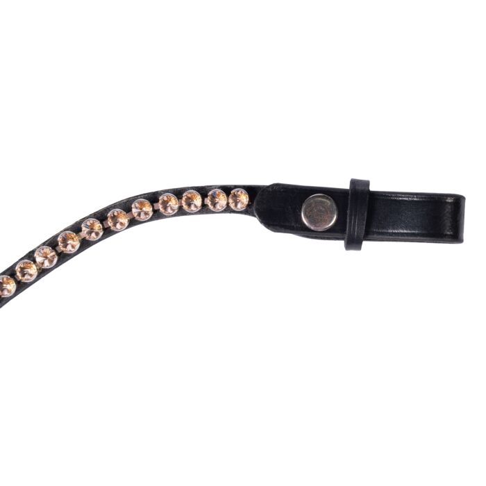 Luxe Frontriem Passion in barnsteen kleur, gemaakt van kwaliteitsleer. U-vormige frontriem met glitterstenen en handige drukknoopsluiting voor hoofdstel.